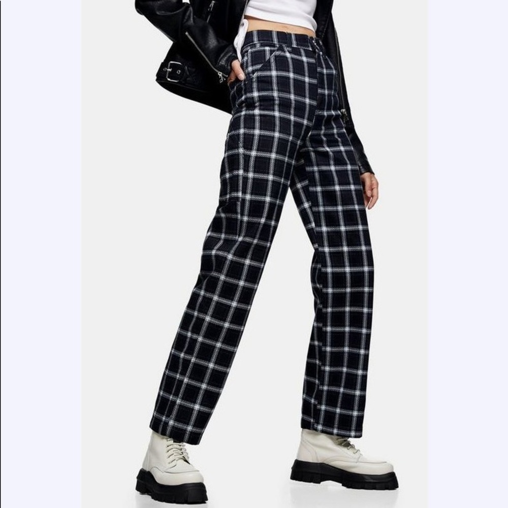 TOPSHOP Navy Check Carpenter Jeans